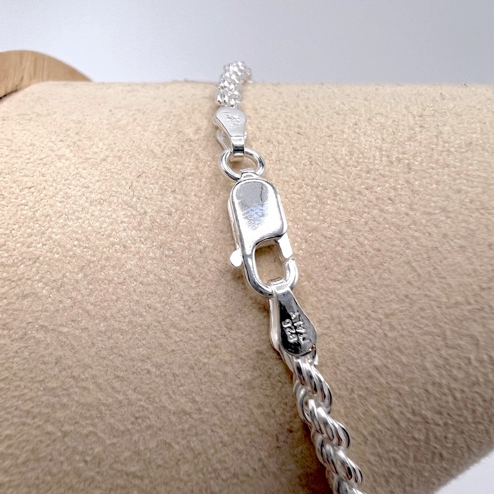 7” .925 Sterling Silver 3mm Rope Chain Bracelet - Picture 3 of 9